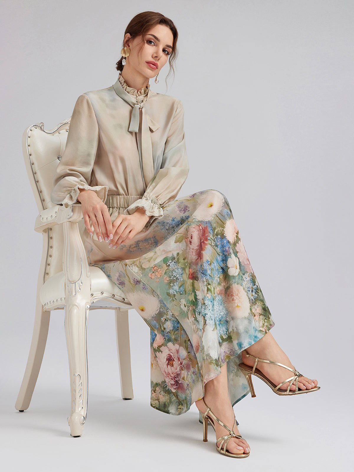 Impressionist Floral Silk Tie-Neck Blouse