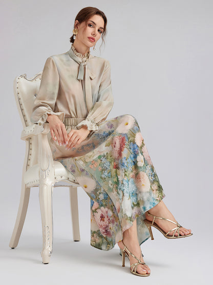 Impressionist Floral Silk Tie-Neck Blouse