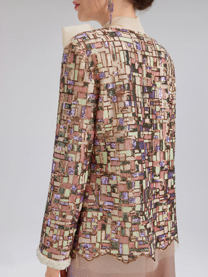 Colorful Mosaic Sequin Embroidered Jacket (Matching Vest & Detachable Bow Included)
