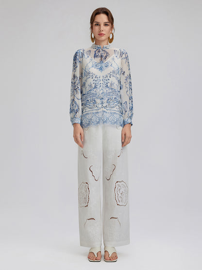 Silk Italian Floral Crystal-Embellished Pullover