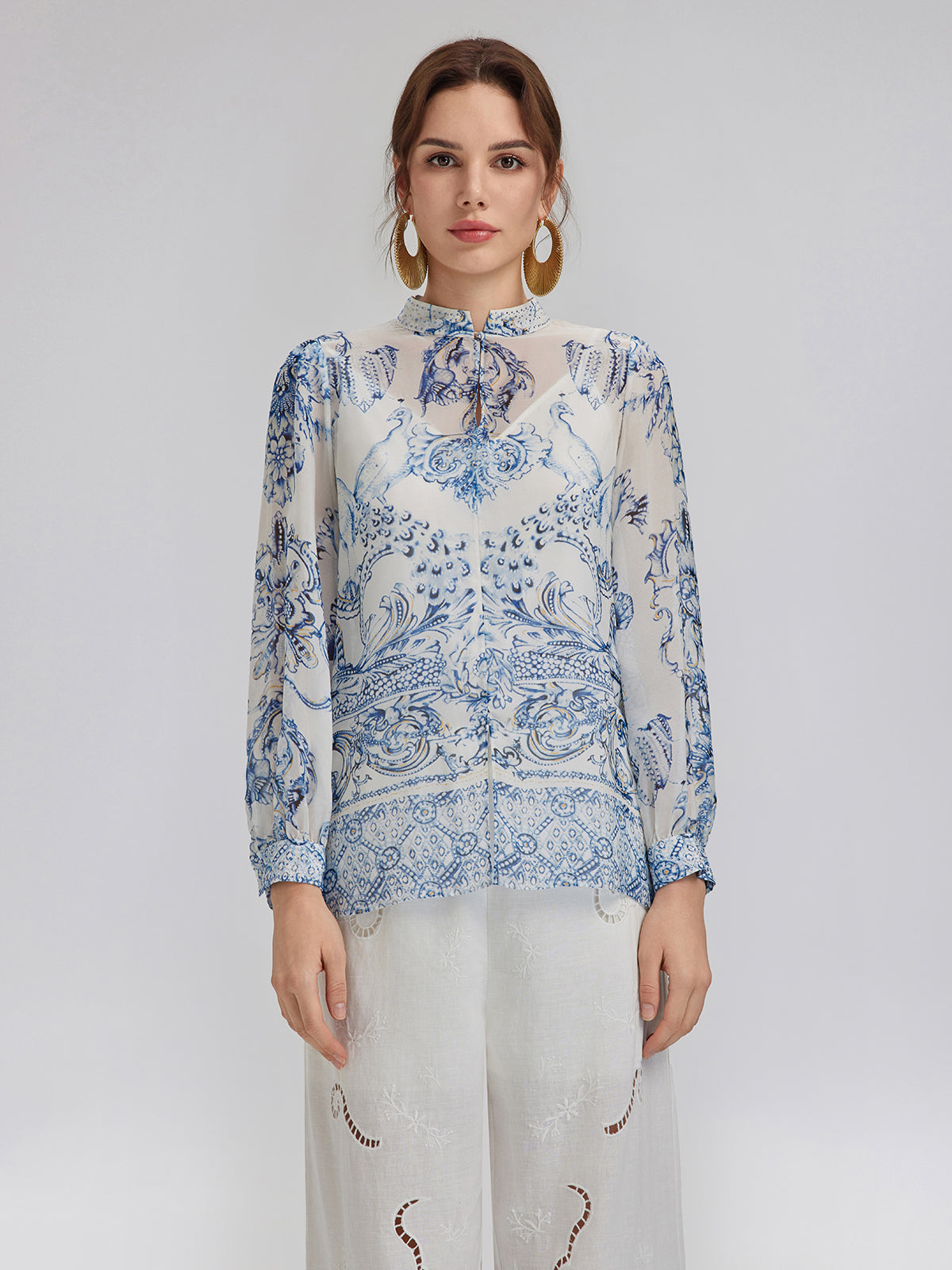Silk Italian Floral Crystal-Embellished Pullover