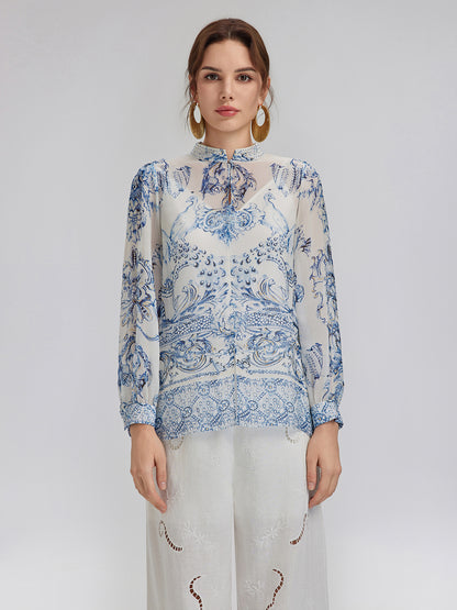 Silk Italian Floral Crystal-Embellished Pullover