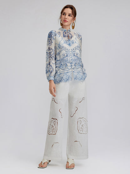 Silk Italian Floral Crystal-Embellished Pullover