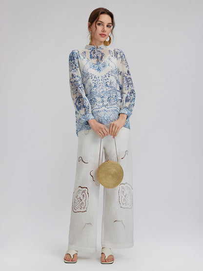 Silk Italian Floral Crystal-Embellished Pullover