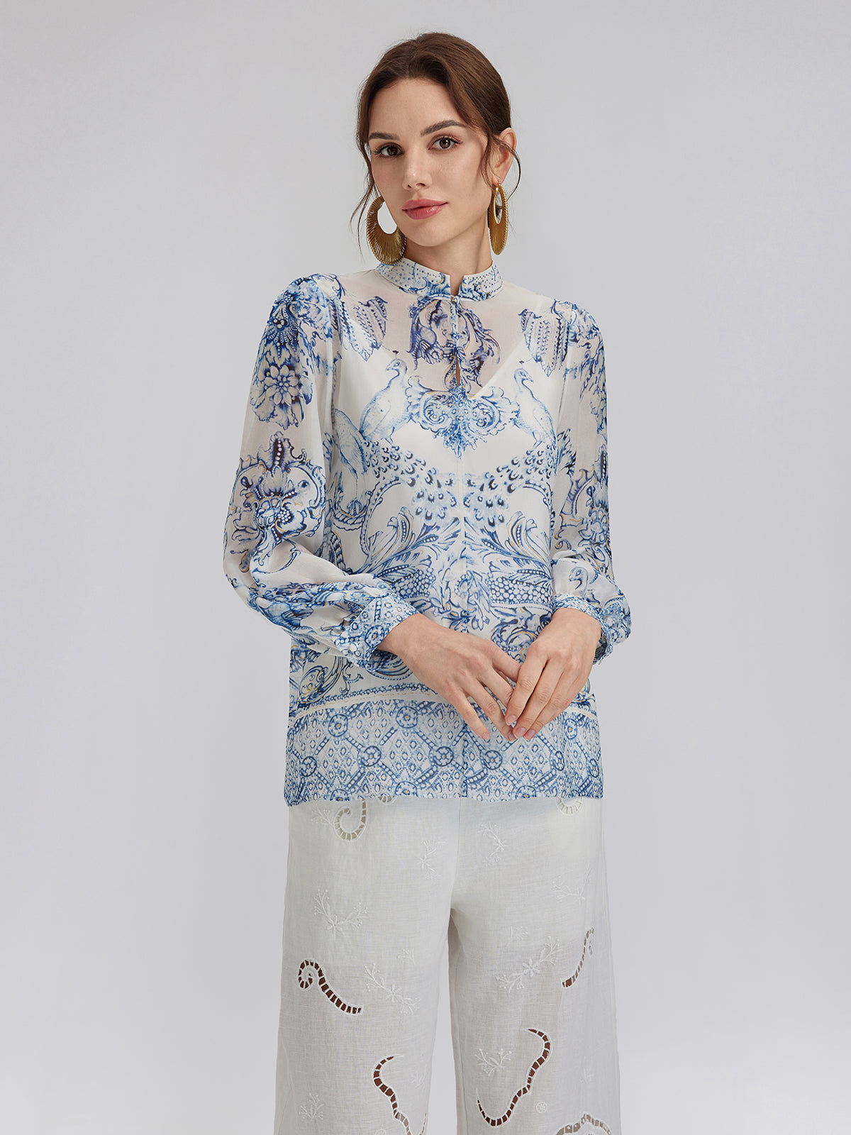 Silk Italian Floral Crystal-Embellished Pullover