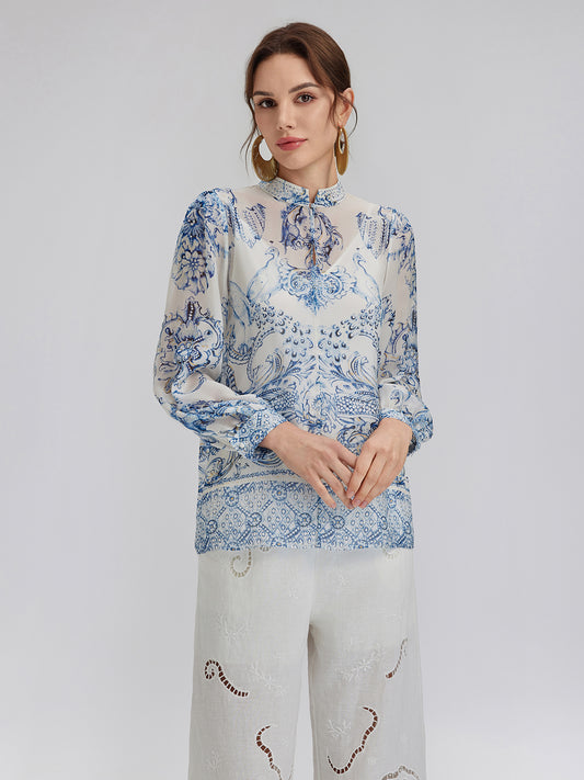Silk Italian Floral Crystal-Embellished Pullover