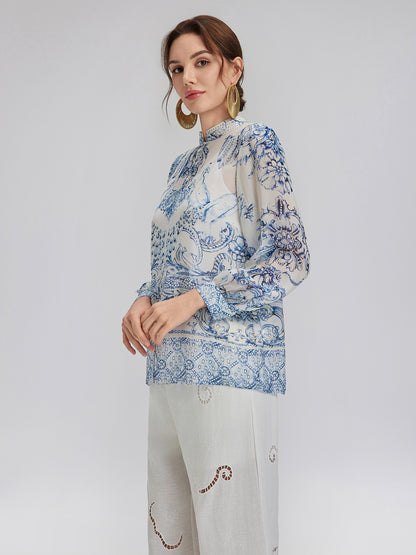 Silk Italian Floral Crystal-Embellished Pullover