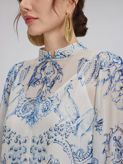 Silk Italian Floral Crystal-Embellished Pullover