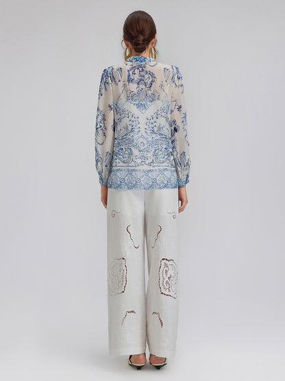 Silk Italian Floral Crystal-Embellished Pullover