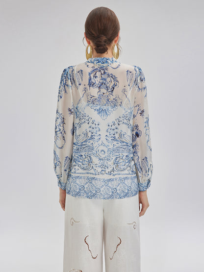 Silk Italian Floral Crystal-Embellished Pullover