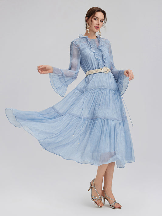 Garment Dyeing Lace Trim Silk Crepe Dress (100% Silk)