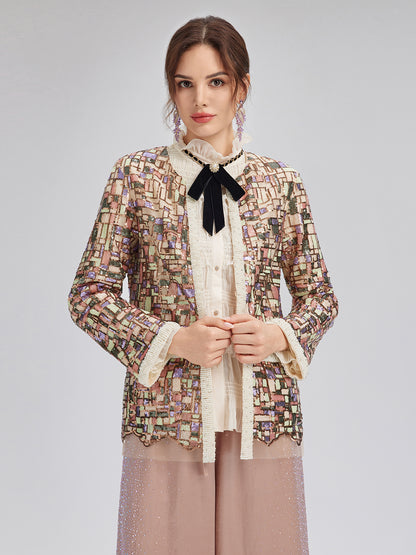 Colorful Mosaic Sequin Embroidered Jacket (Matching Vest & Detachable Bow Included)