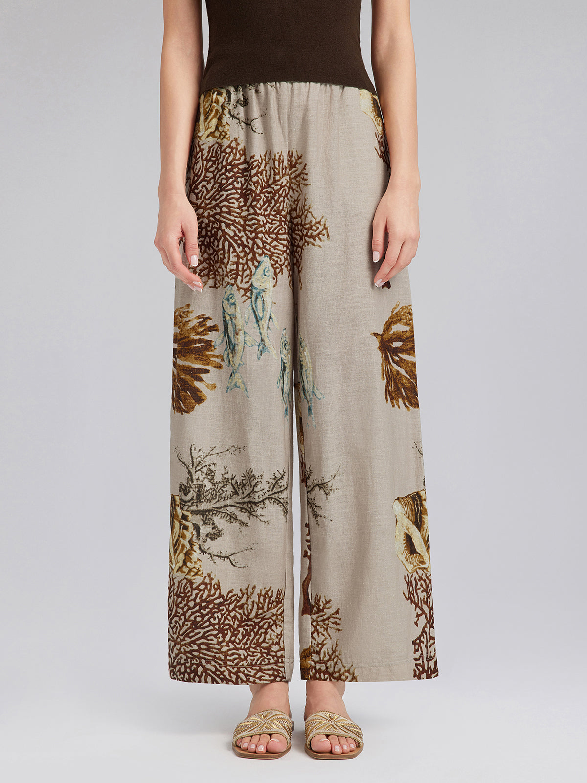 Printed Ramie Elastic-Waist Pants