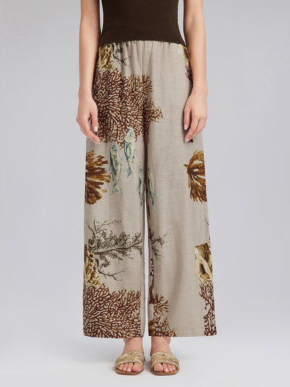 Printed Ramie Elastic-Waist Pants