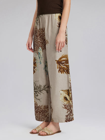 Printed Ramie Elastic-Waist Pants