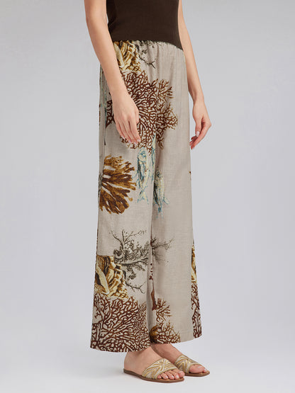 Printed Ramie Elastic-Waist Pants