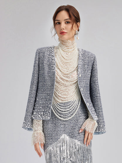 French Hand-Beaded Pearl Tweed Jacket