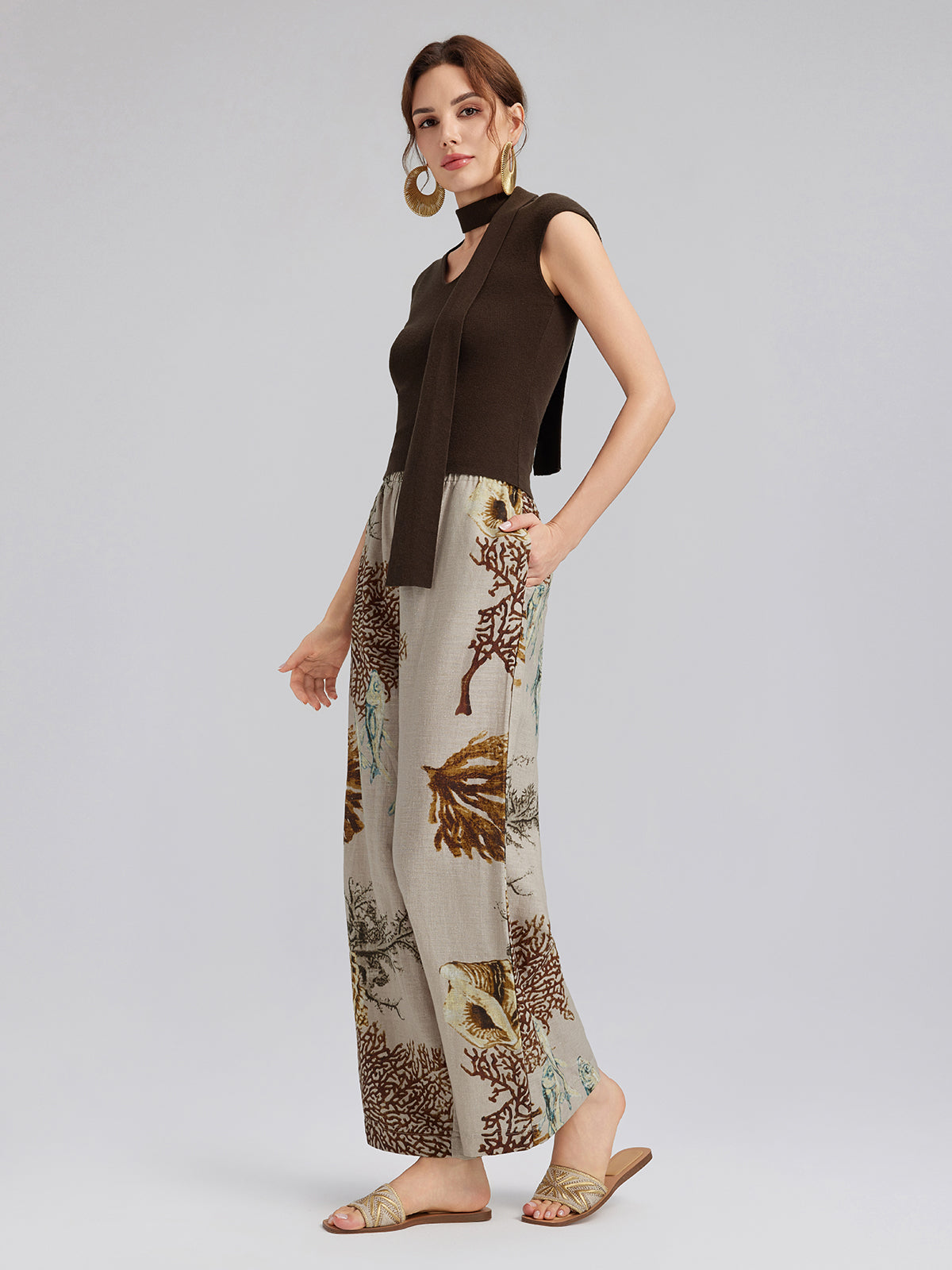 Printed Ramie Elastic-Waist Pants