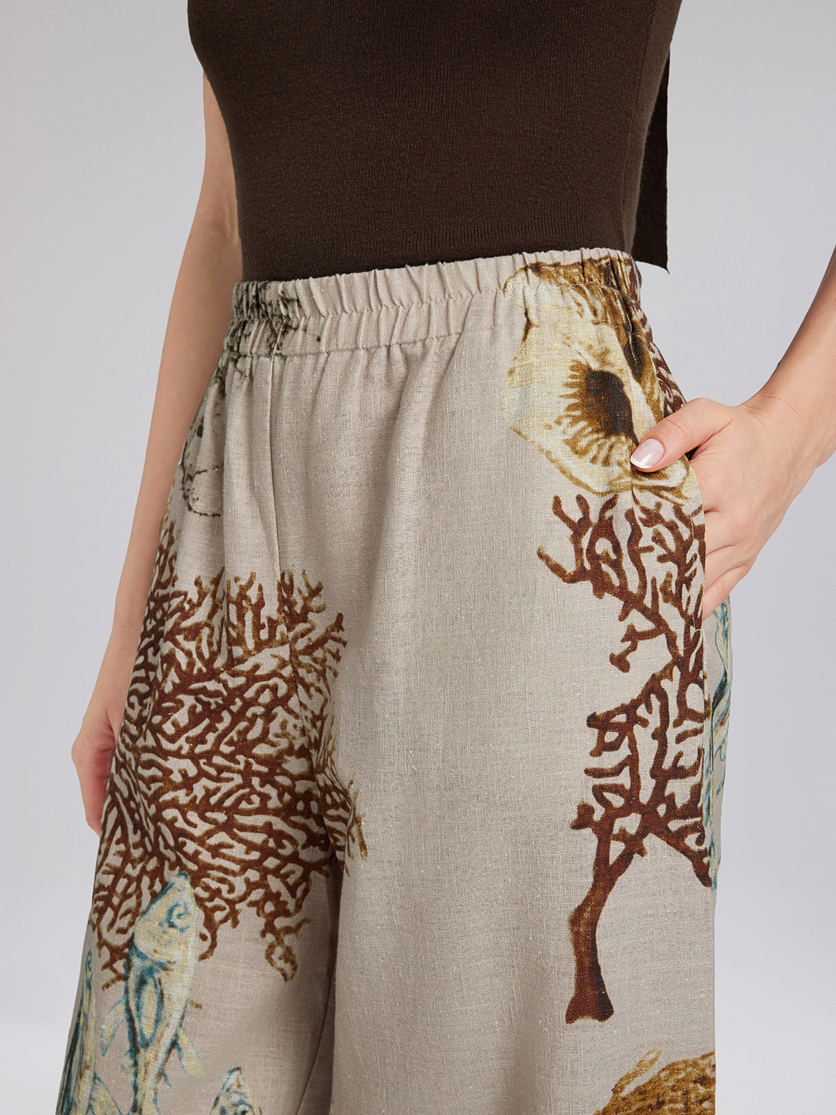 Printed Ramie Elastic-Waist Pants