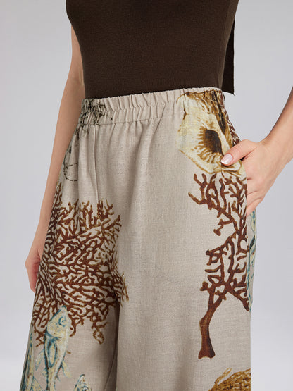 Printed Ramie Elastic-Waist Pants