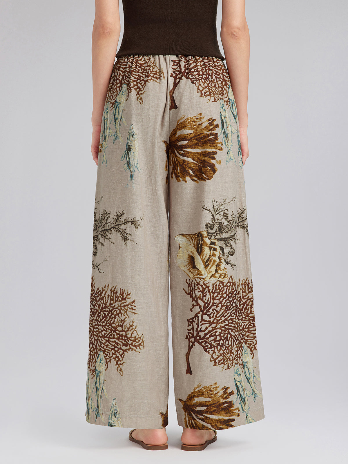 Printed Ramie Elastic-Waist Pants