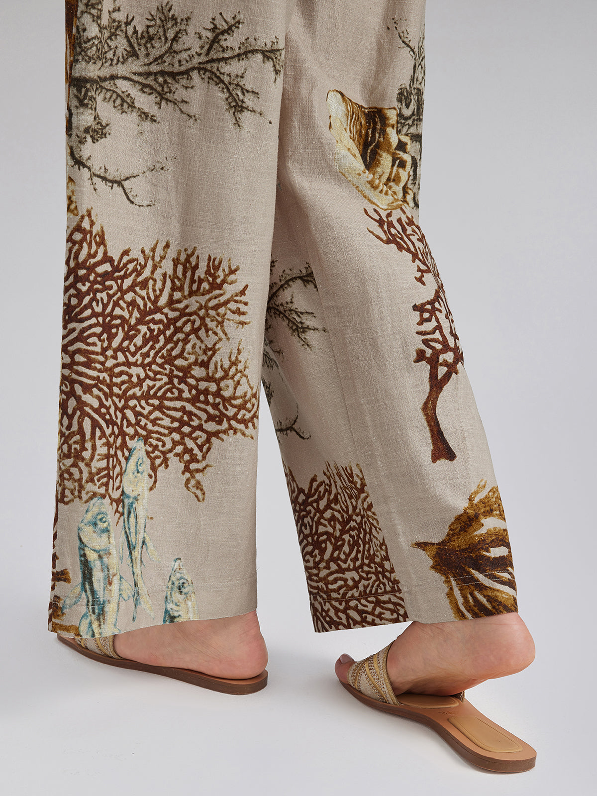 Printed Ramie Elastic-Waist Pants