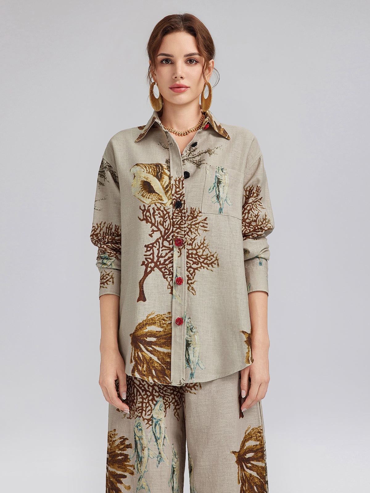 Printed Ramie Long Sleeves Shirt
