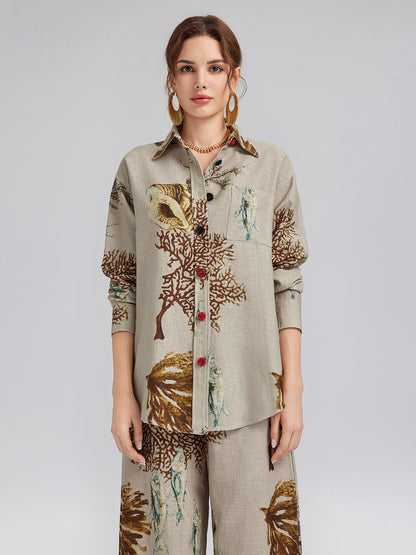 Printed Ramie Long Sleeves Shirt