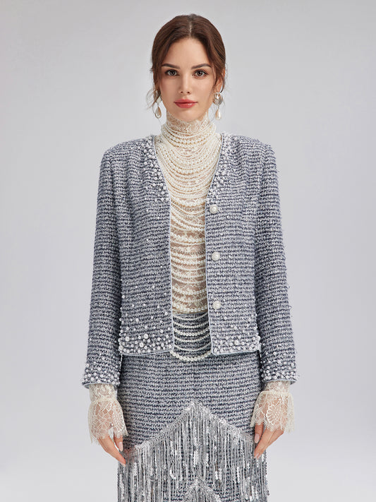 French Hand-Beaded Pearl Tweed Jacket