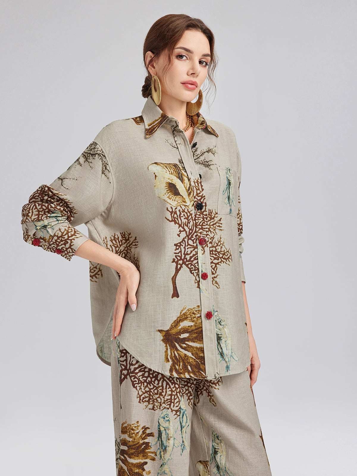 Printed Ramie Long Sleeves Shirt
