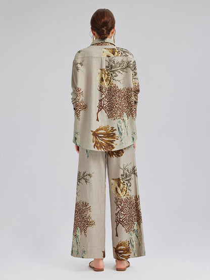 Printed Ramie Elastic-Waist Pants