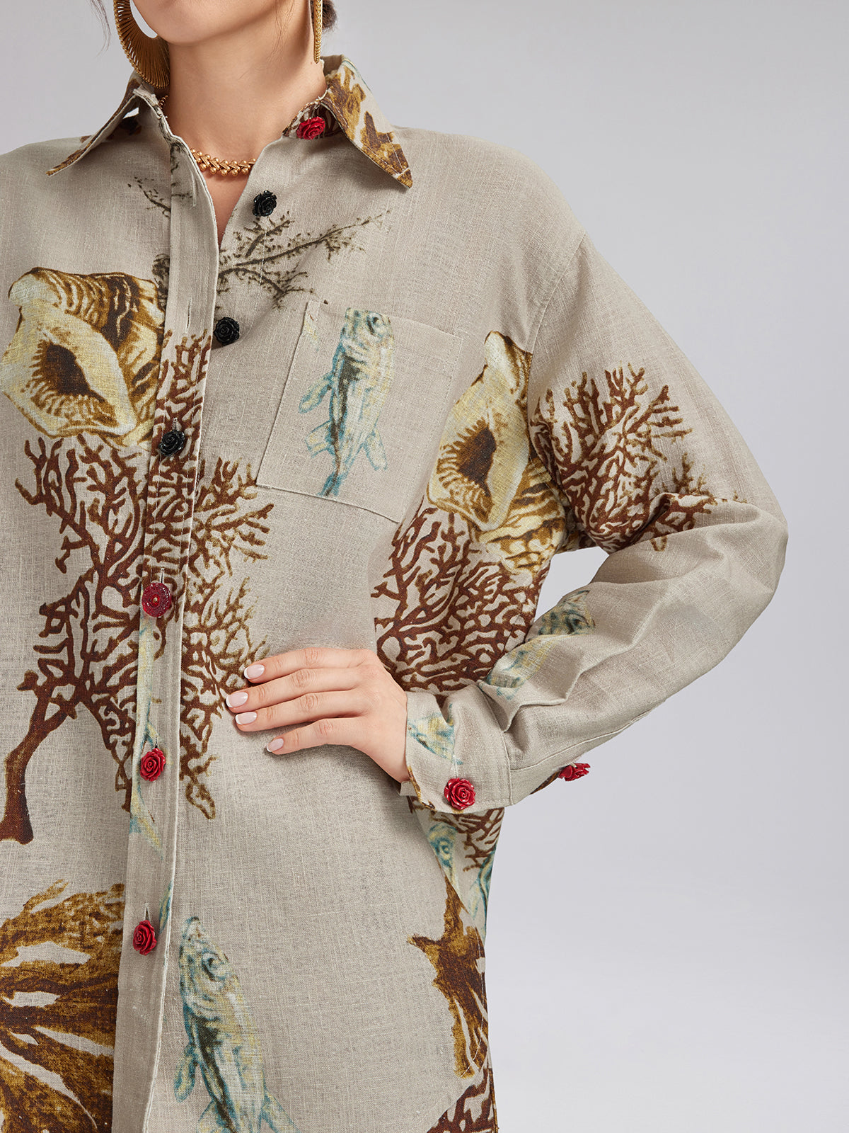 Printed Ramie Long Sleeves Shirt