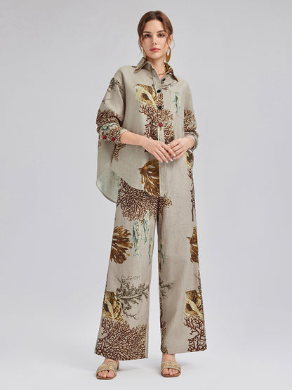 Printed Ramie Elastic-Waist Pants