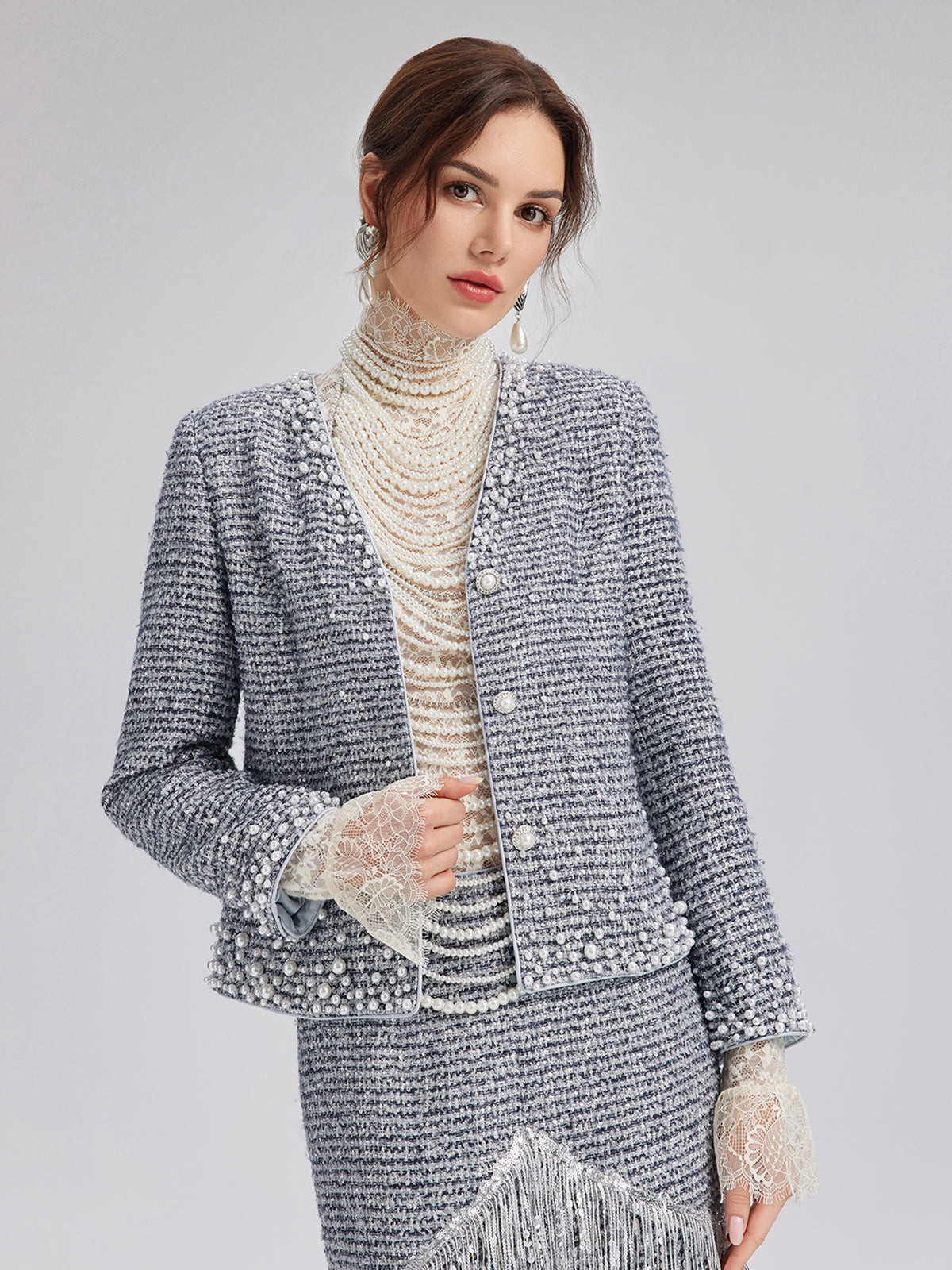 French Hand-Beaded Pearl Tweed Jacket