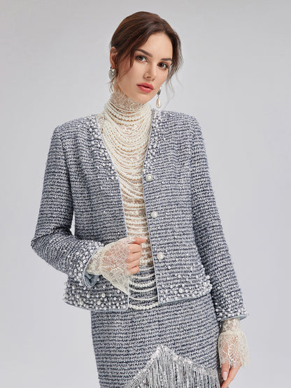 French Hand-Beaded Pearl Tweed Jacket