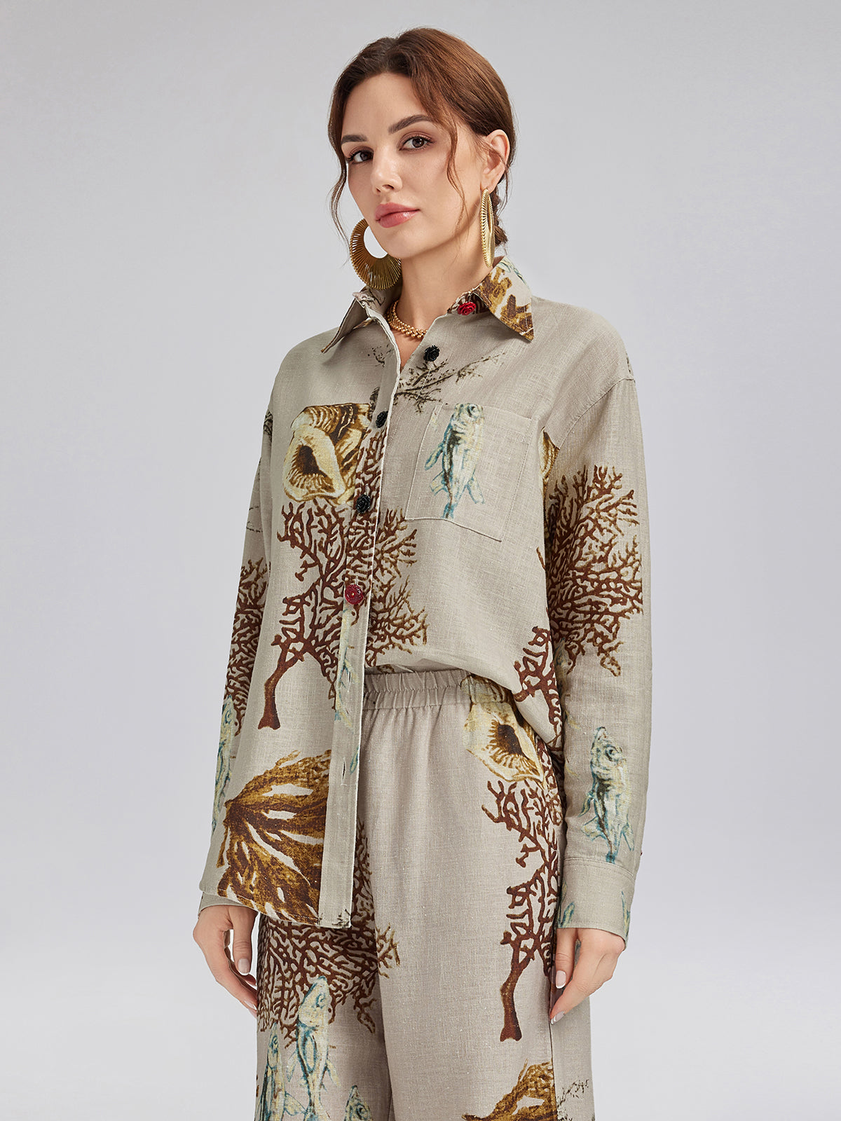 Printed Ramie Long Sleeves Shirt