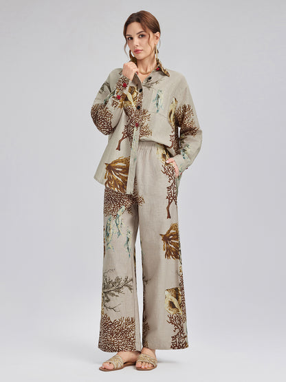 Printed Ramie Elastic-Waist Pants