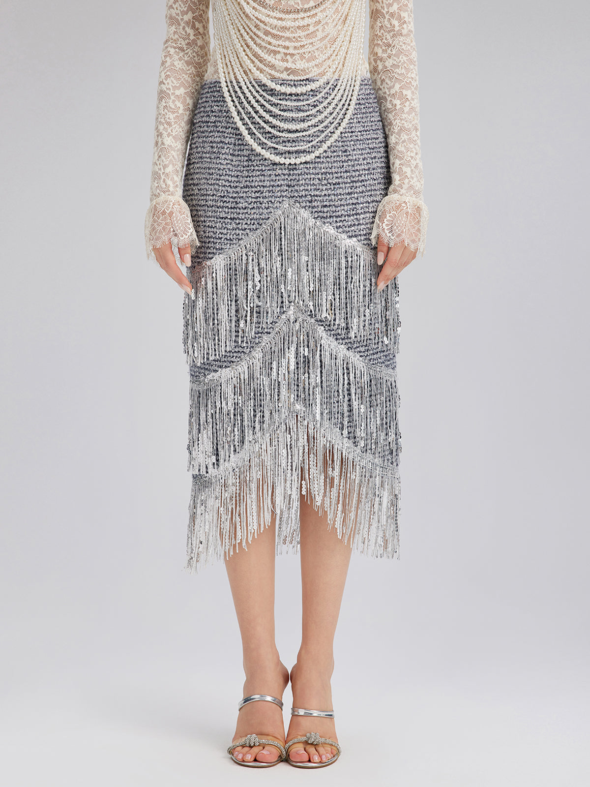French Sequin Fringe Tweed Skirt