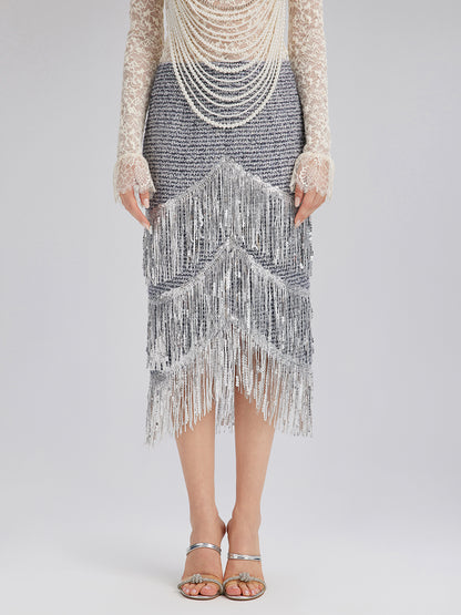 French Sequin Fringe Tweed Skirt