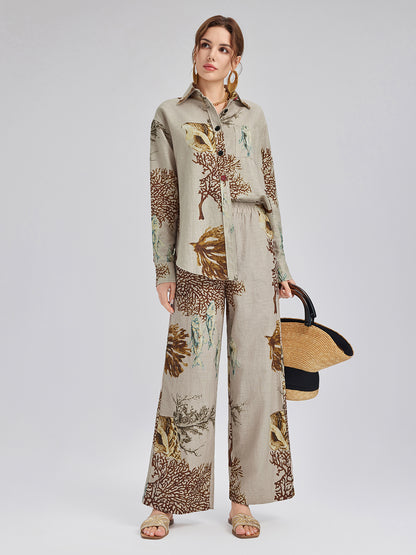 Printed Ramie Elastic-Waist Pants