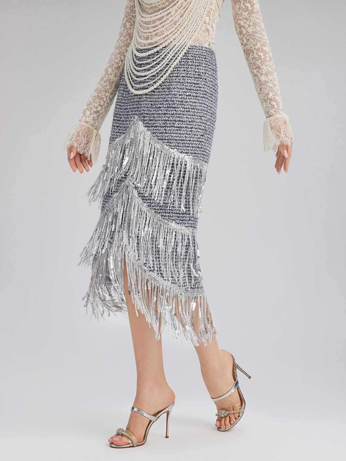 French Sequin Fringe Tweed Skirt