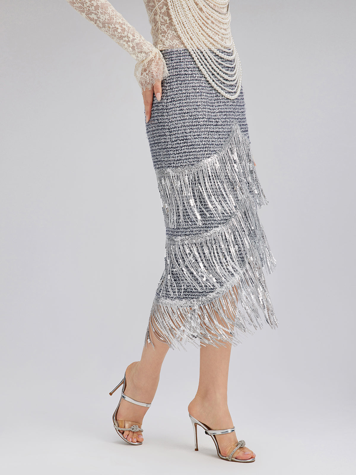 French Sequin Fringe Tweed Skirt