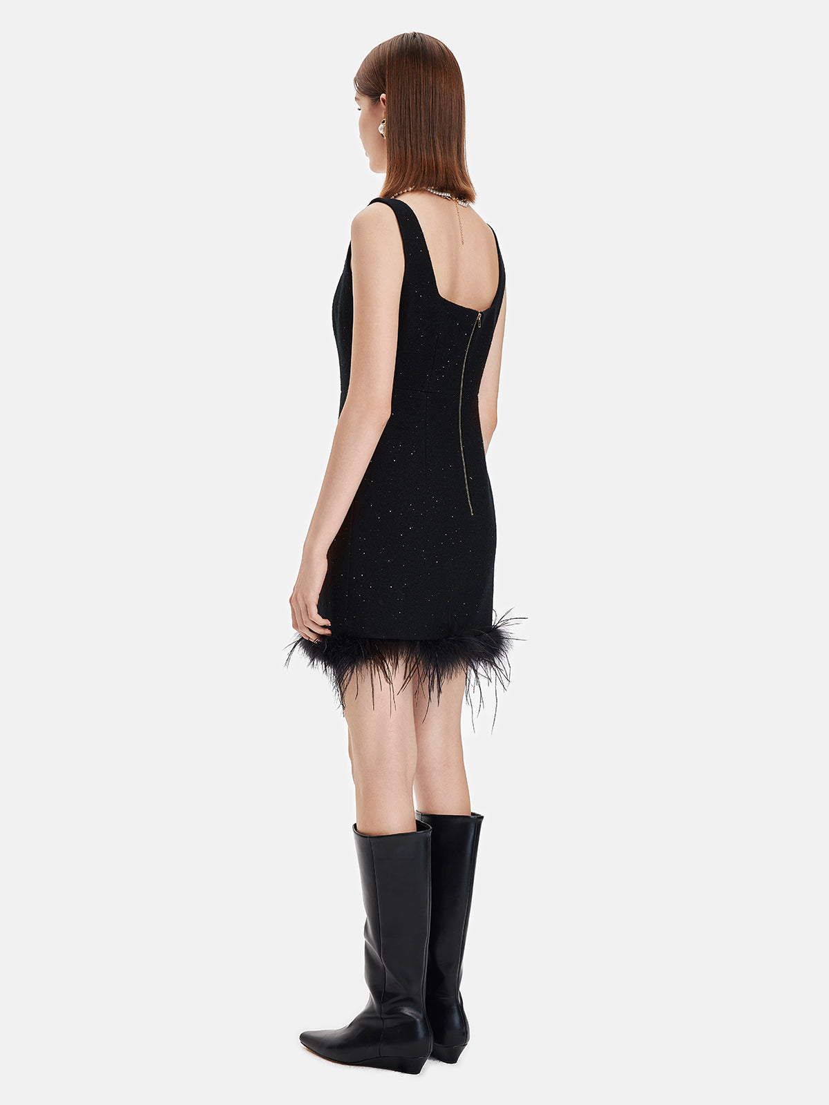 Feather-Trimmed Wool Dress