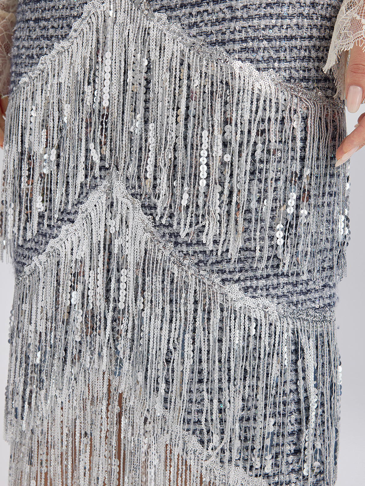 French Sequin Fringe Tweed Skirt