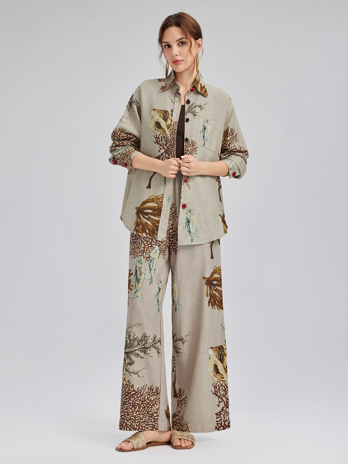 Printed Ramie Elastic-Waist Pants