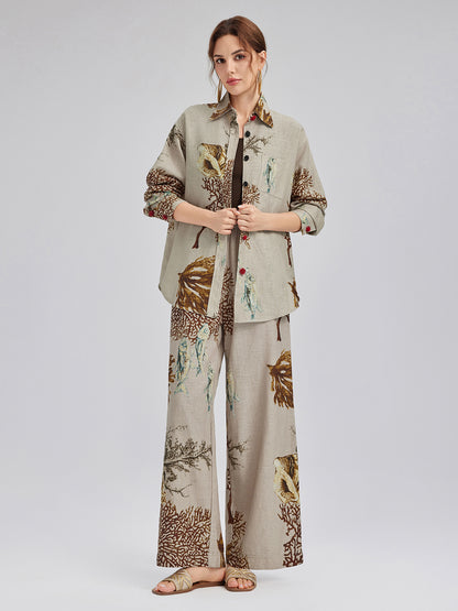 Printed Ramie Elastic-Waist Pants