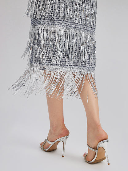 French Sequin Fringe Tweed Skirt