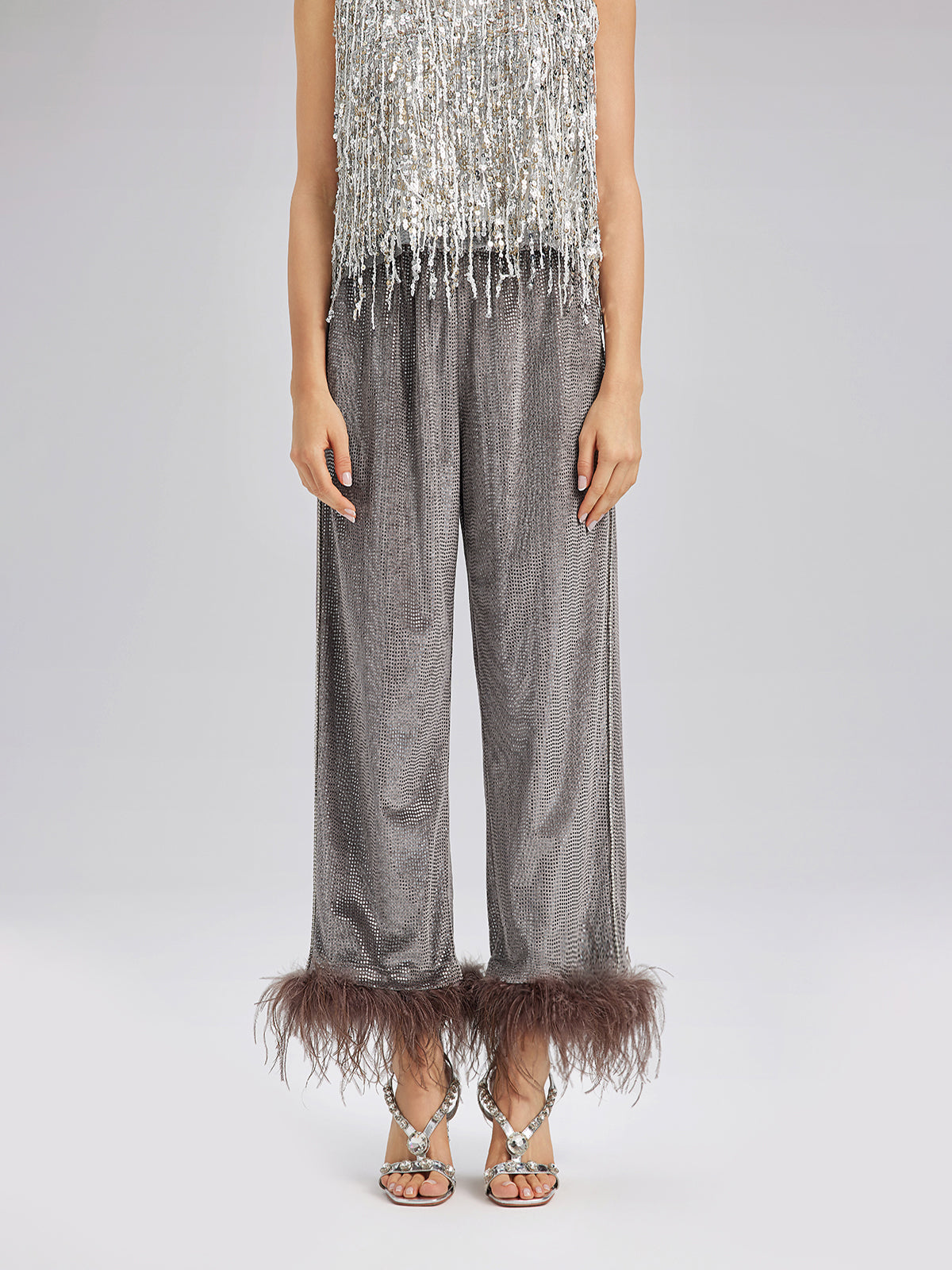 Hand-Sewn Feather Detachable Elastic Waist Pants