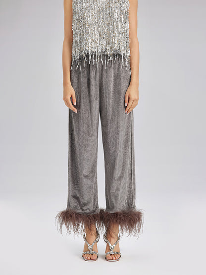 Hand-Sewn Feather Detachable Elastic Waist Pants