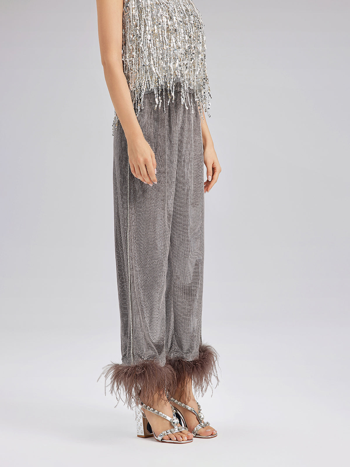 Hand-Sewn Feather Detachable Elastic Waist Pants